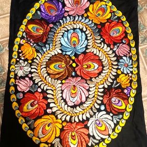 Antique Matyo silk embroidered Tapestry. Handmade tulips on black fabric